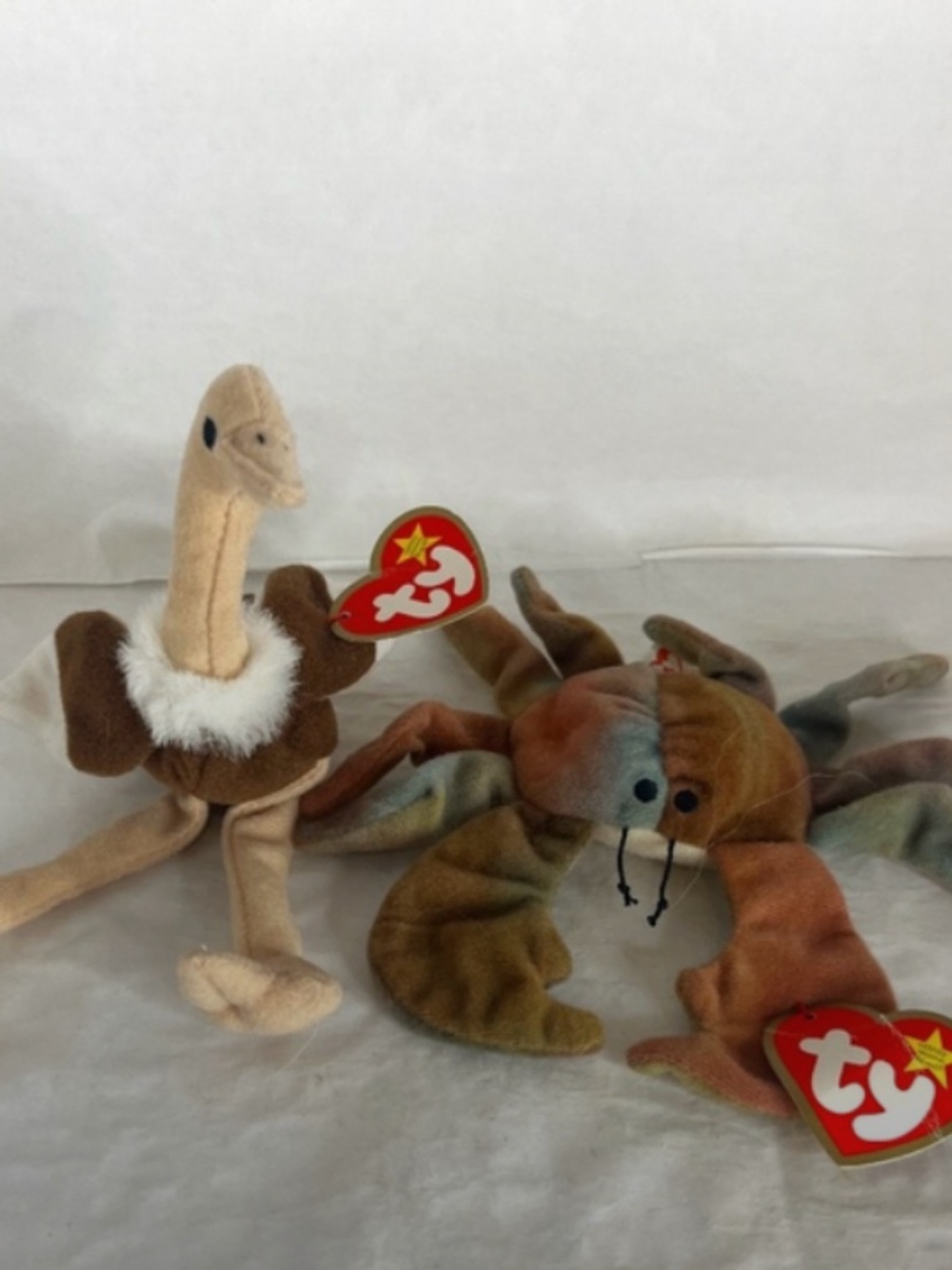 Vintage Ty Teenie Beanie Babies Claude the Crab and Stretchy the Ostrich w/tags
